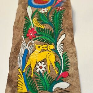 Mexican Vibrant Nature-Inspired Wall Art with Yellow Accents on Amate 21x7,2 in